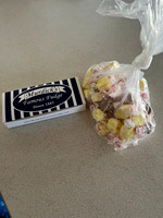 Our delicious treasures!  Chocolate peanut butter fudge and chocolate, vanilla & banana taffy.