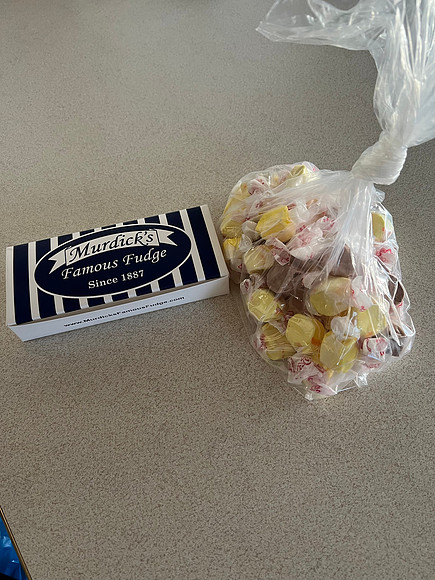 Our delicious treasures!  Chocolate peanut butter fudge and chocolate, vanilla & banana taffy.