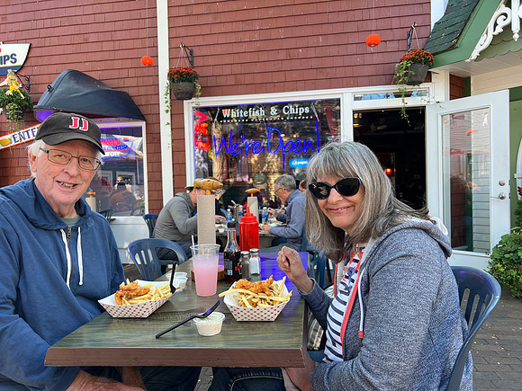 While it may appear Terri is eating fish - not so.  Denny ate fried whitefish while Terri had chicken fingers.  Good meal.