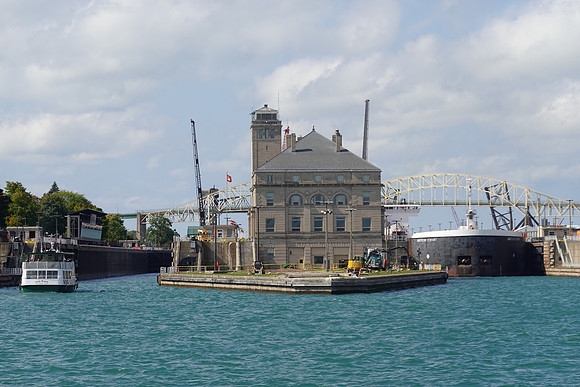 One tour boat was ahead of us at the McArthur lock and then we entered.  I think there would have been room for 1 more tour boat. A freighter was in the Poe lock.