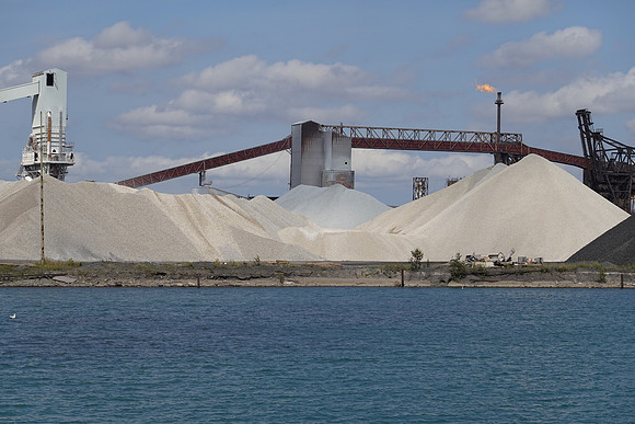 Large steel mill employing over 2900.  The white material is limestone from the quarry in Rogers City.  We visited that quarry on another trip & it is huge!