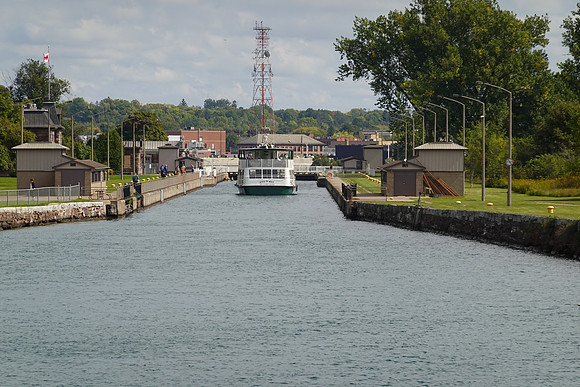 Entering the Canadian locks.  They are used only for pleasure craft and lowers 21 feet.  It is also free.