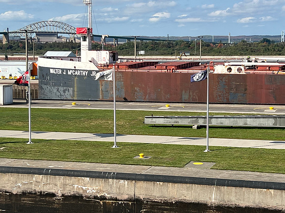 After the boat tour, we went to the locks viewing area as there was another freighter coming in heading west.  It was going through the Poe Lock.