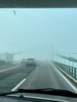As we left Sault Ste. Marie today at 9 am, it was a little cloudy.  But it really became foggy when we got to Mackinac Bridge.  A little eerie!