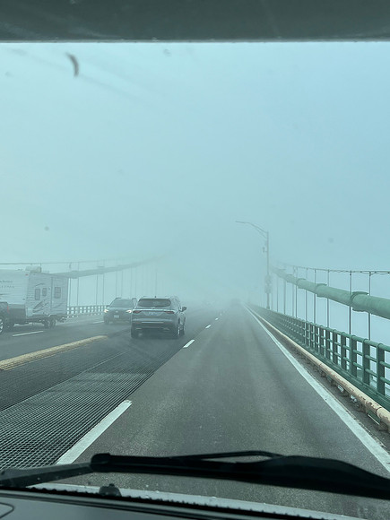 As we left Sault Ste. Marie today at 9 am, it was a little cloudy.  But it really became foggy when we got to Mackinac Bridge.  A little eerie!