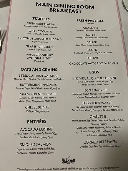 Wednesday, Oct. 18th.  The daily breakfast menu. The french toast & omelet were fantastic. In addition, there is a buffet.