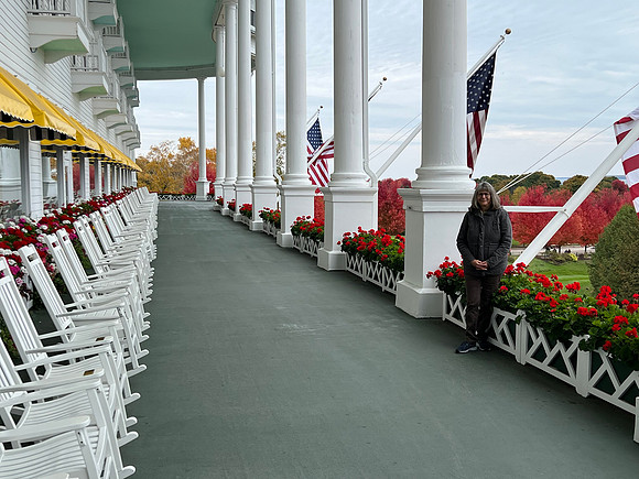 The Grand Hotel has the longest front porch - at just over 660 feet.  We learned they paint the roof light turquoise color as it keeps the birds from roosting - they think it is sky.