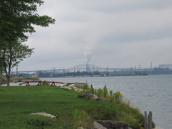 International bridge into Canada in the background, allowing essential workers only due to pandemic.